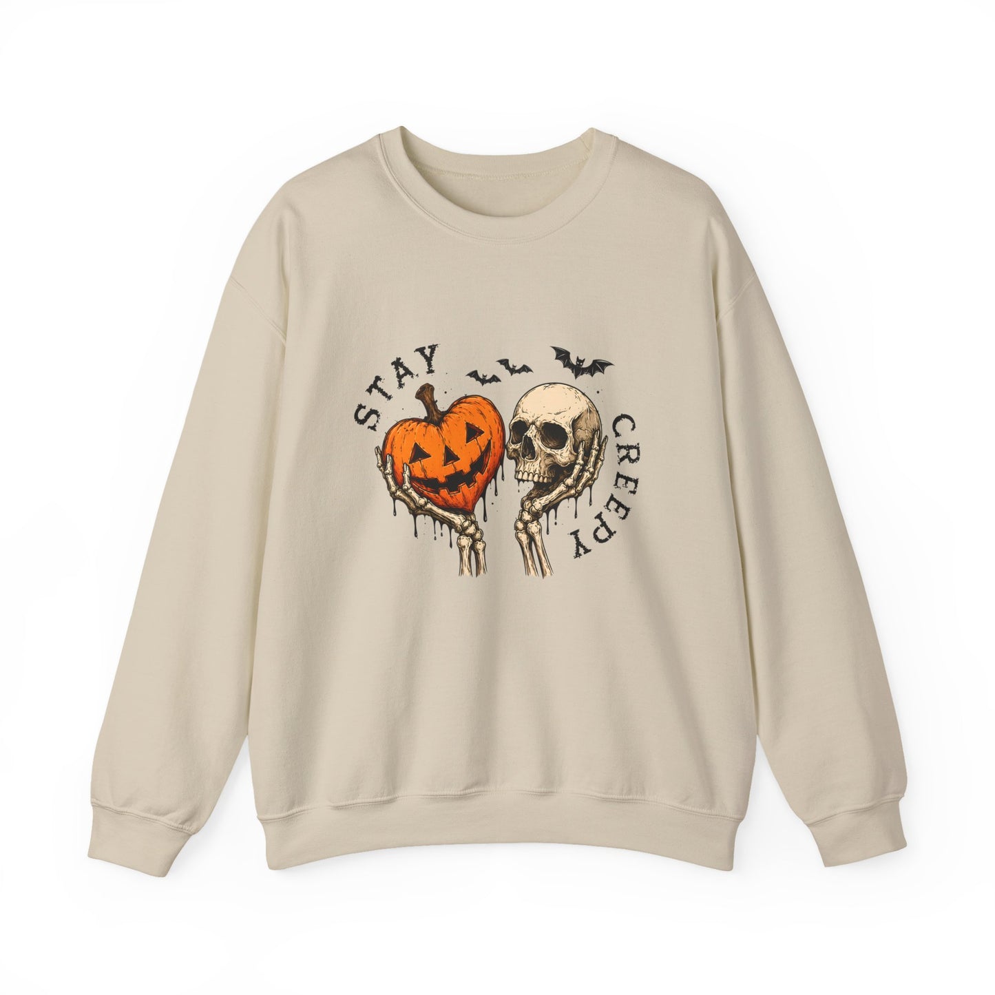 Halloween Crewneck Sweatshirt — "Stay Creepy" Pumpkin & Skull Design