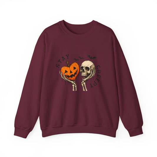 Halloween Crewneck Sweatshirt — "Stay Creepy" Pumpkin & Skull Design