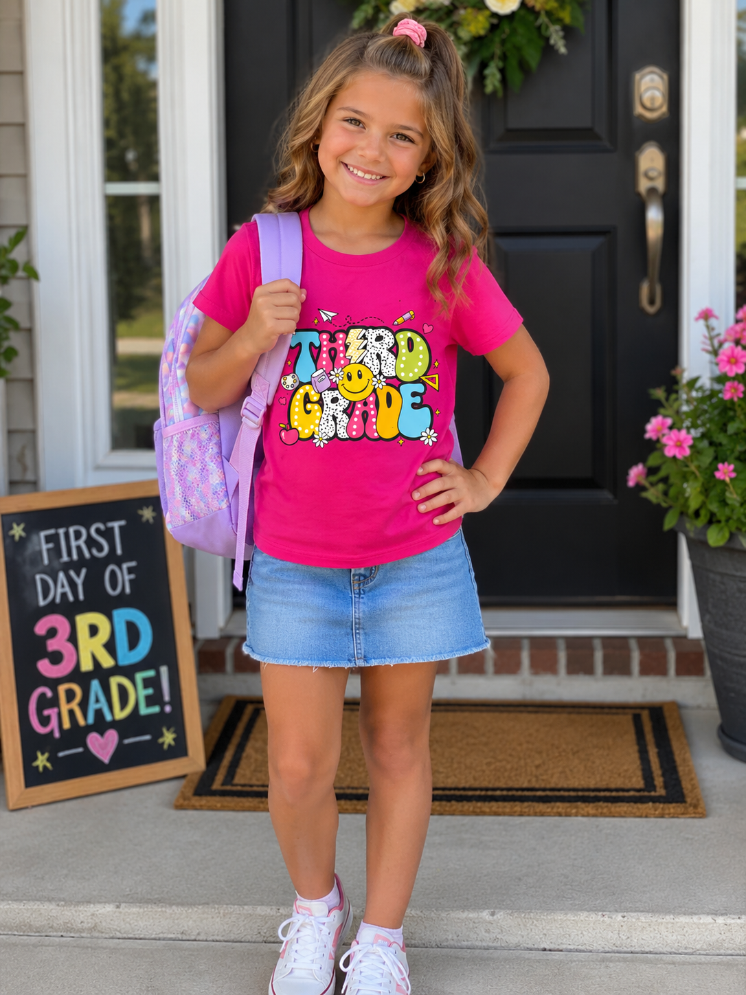 3rd Grade Kids T‑Shirt — Colorful Retro Smiley 'Third Grade' Back‑to‑School Tee