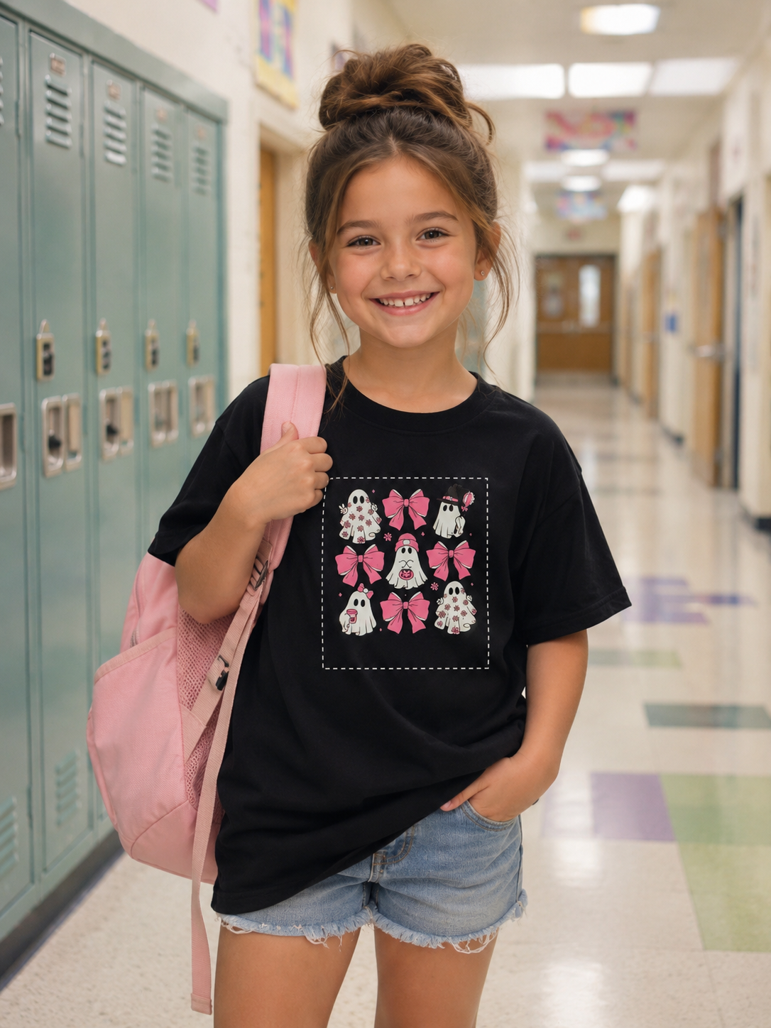 Youth Tee — Pink Bow Ghosts Halloween Kids T-Shirt