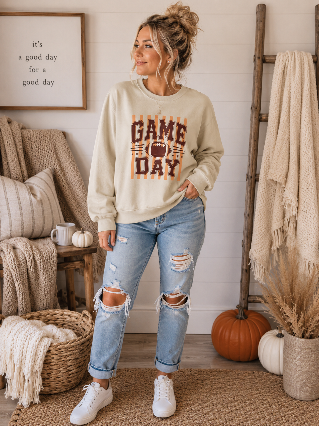 Game Day Crewneck Sweatshirt — Football Stripe Graphic