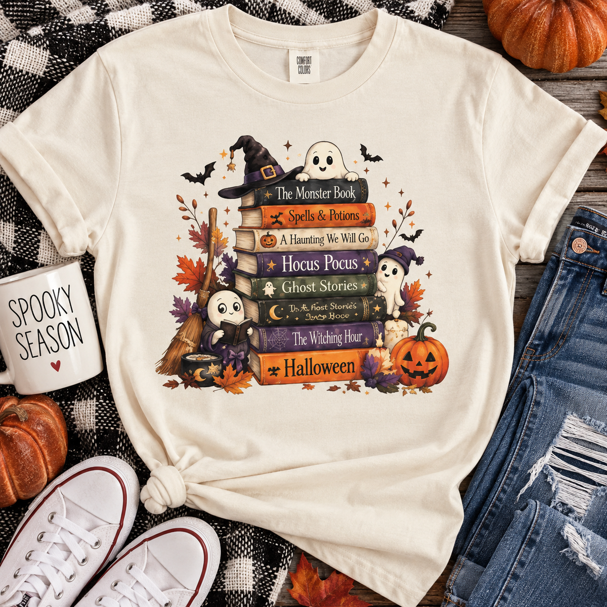 Halloween Stack of Spooky Books T-Shirt — Cute Ghosts, Pumpkins & Bats Tee