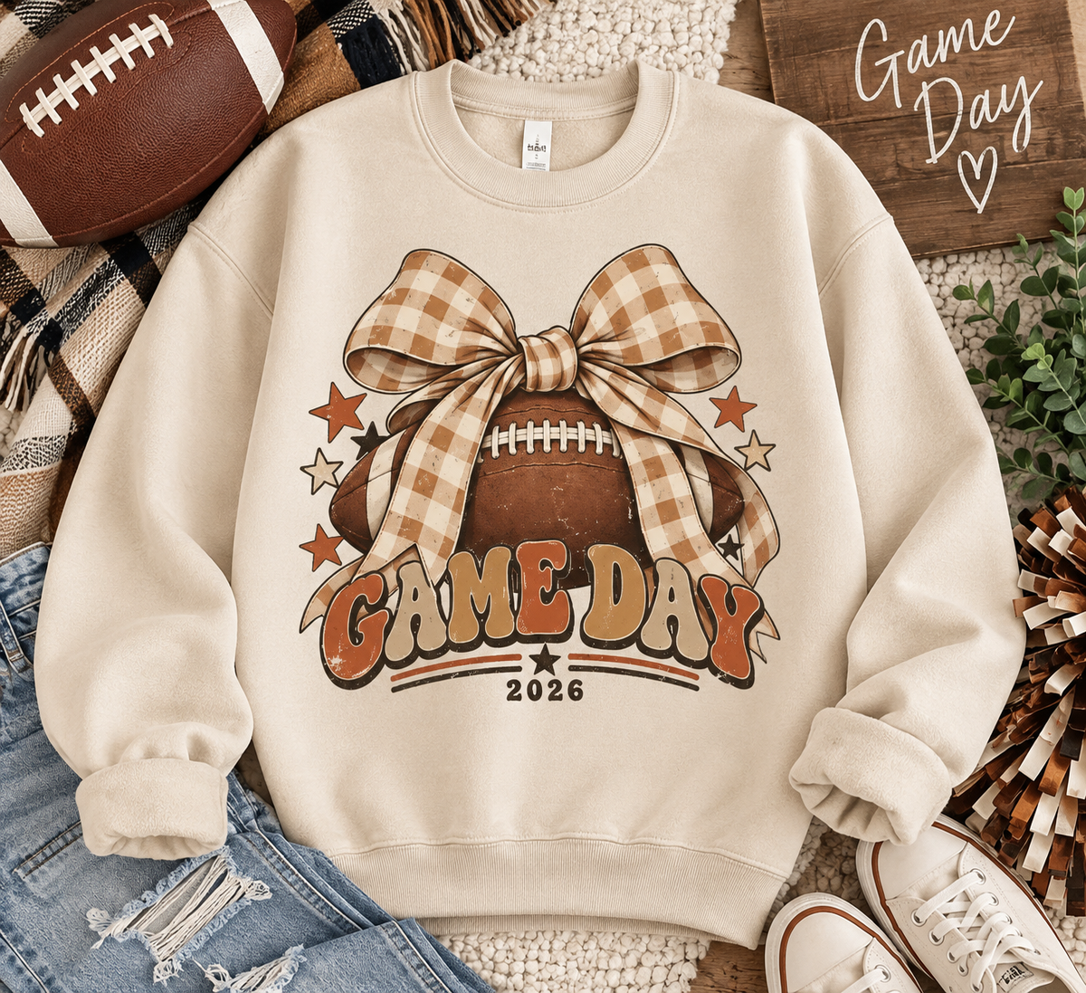 Game Day Sweatshirt - Plaid Bow Football Crewneck (2026)