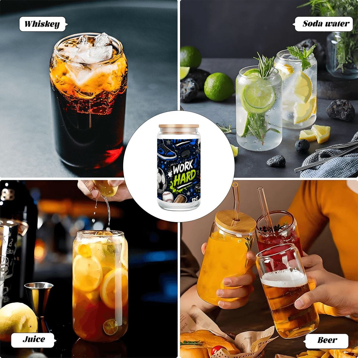 Glass Tumbler with Straw Bamboo Lid (16oz) Sports Collage