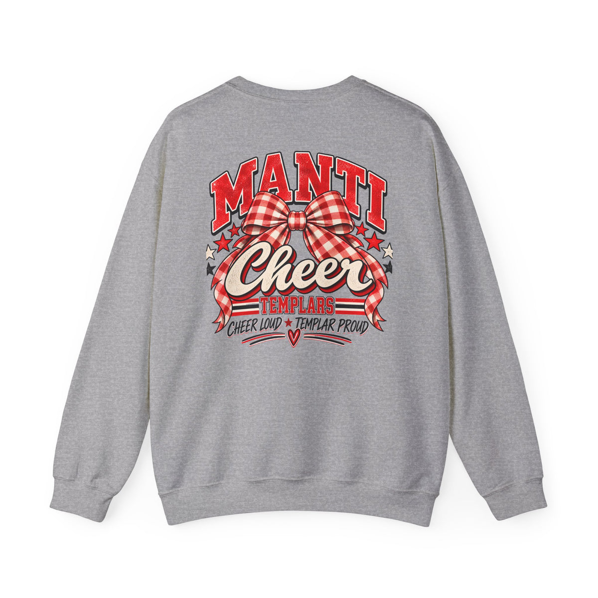 Manti Cheer Crewneck Sweatshirt — Red Plaid Bow Templars Spirit Top