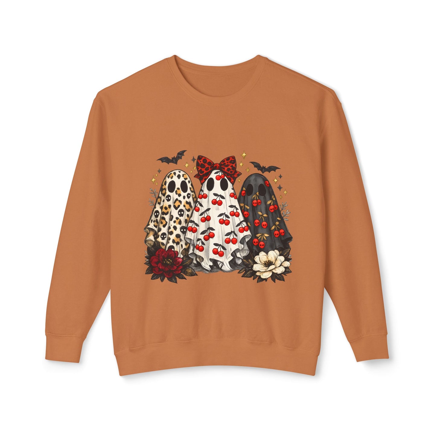 Ghost Trio Graphic Sweatshirt — Cute Halloween Gnomes with Bats & Bows