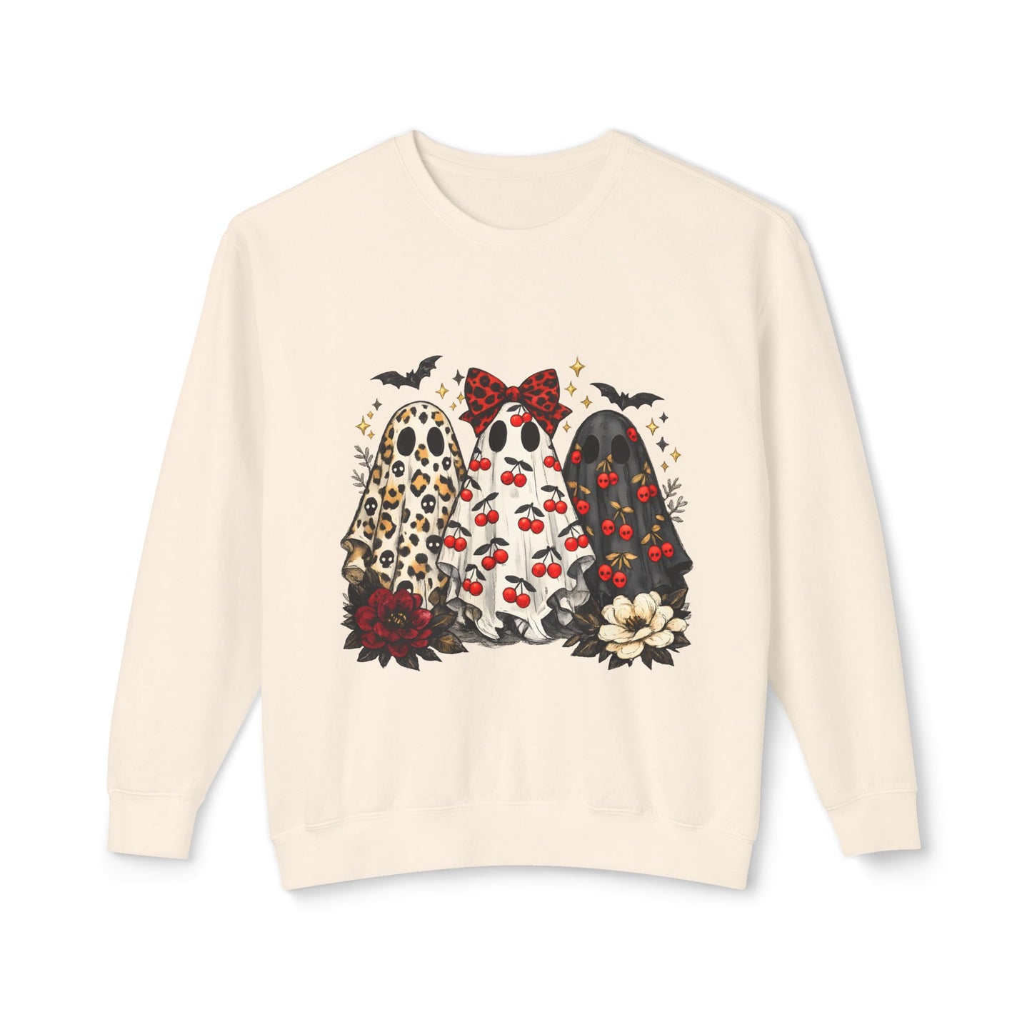 Ghost Trio Graphic Sweatshirt — Cute Halloween Gnomes with Bats & Bows