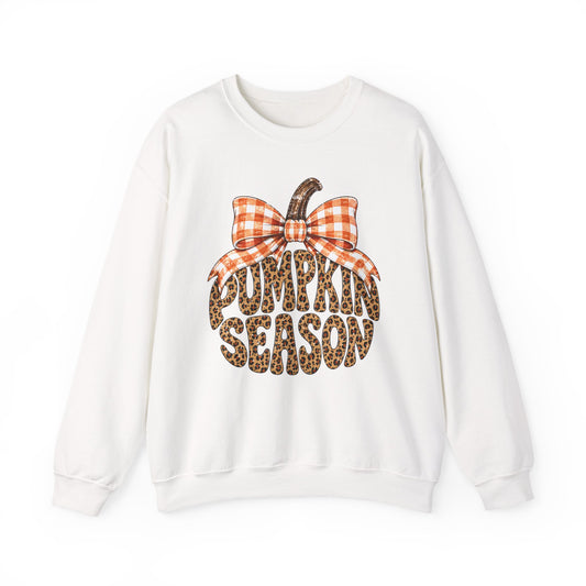 Pumpkin Season Sweatshirt — Leopard Print Pumpkin with Plaid Bow Fall Crewneck