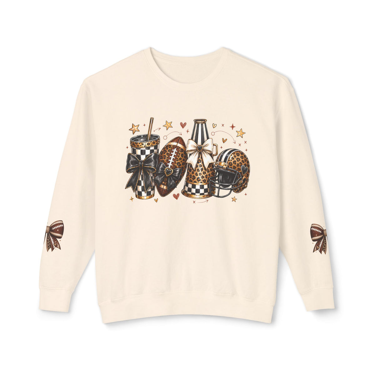 Football Mom Crewneck Sweatshirt — Leopard & Buffalo Plaid Football Design with Sleeve Bows