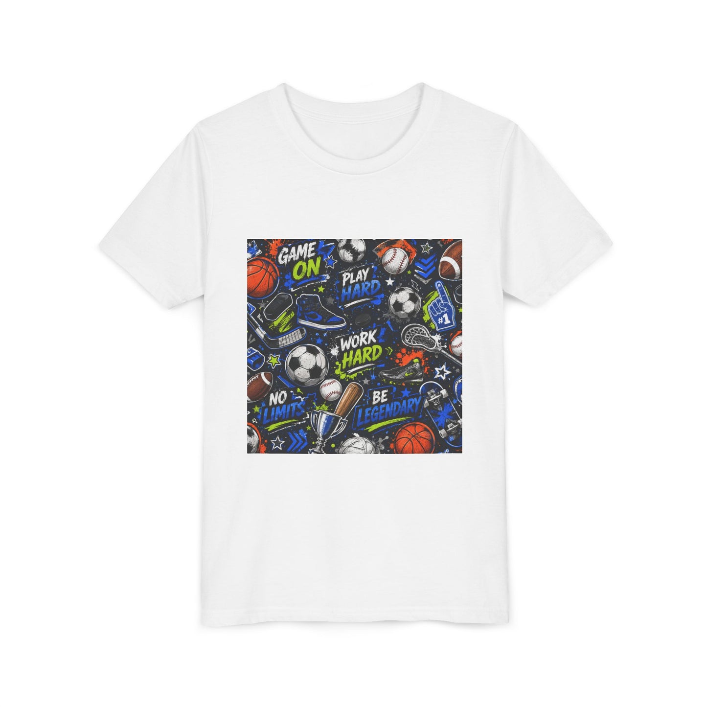 Youth Sports Graphic Tee — "Game On" Motivational Athletic Pattern
