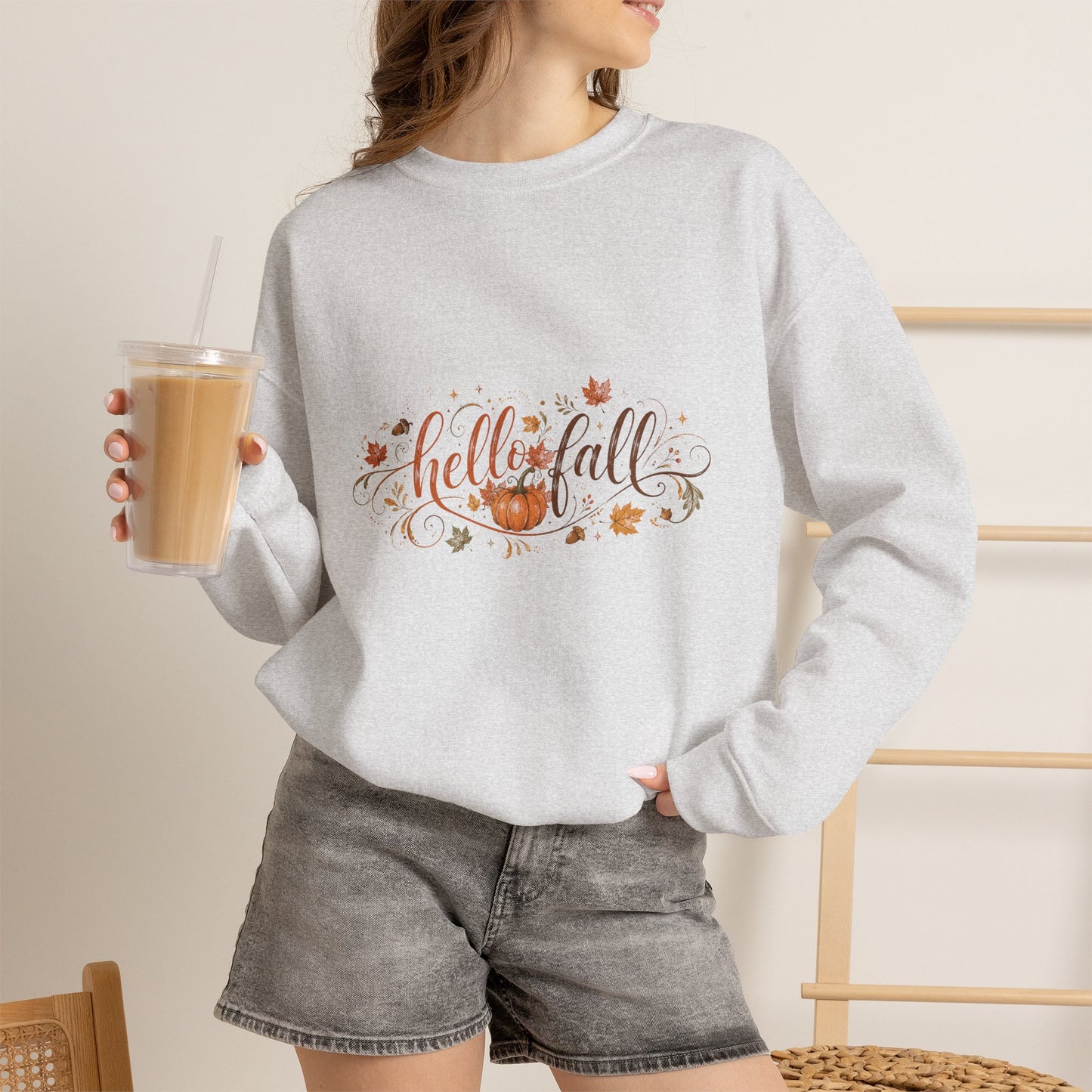 Hello Fall Sweatshirt — Cozy Pumpkin & Leaves Crewneck