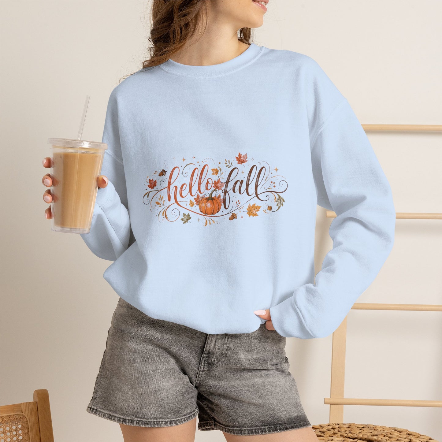 Hello Fall Sweatshirt — Cozy Pumpkin & Leaves Crewneck