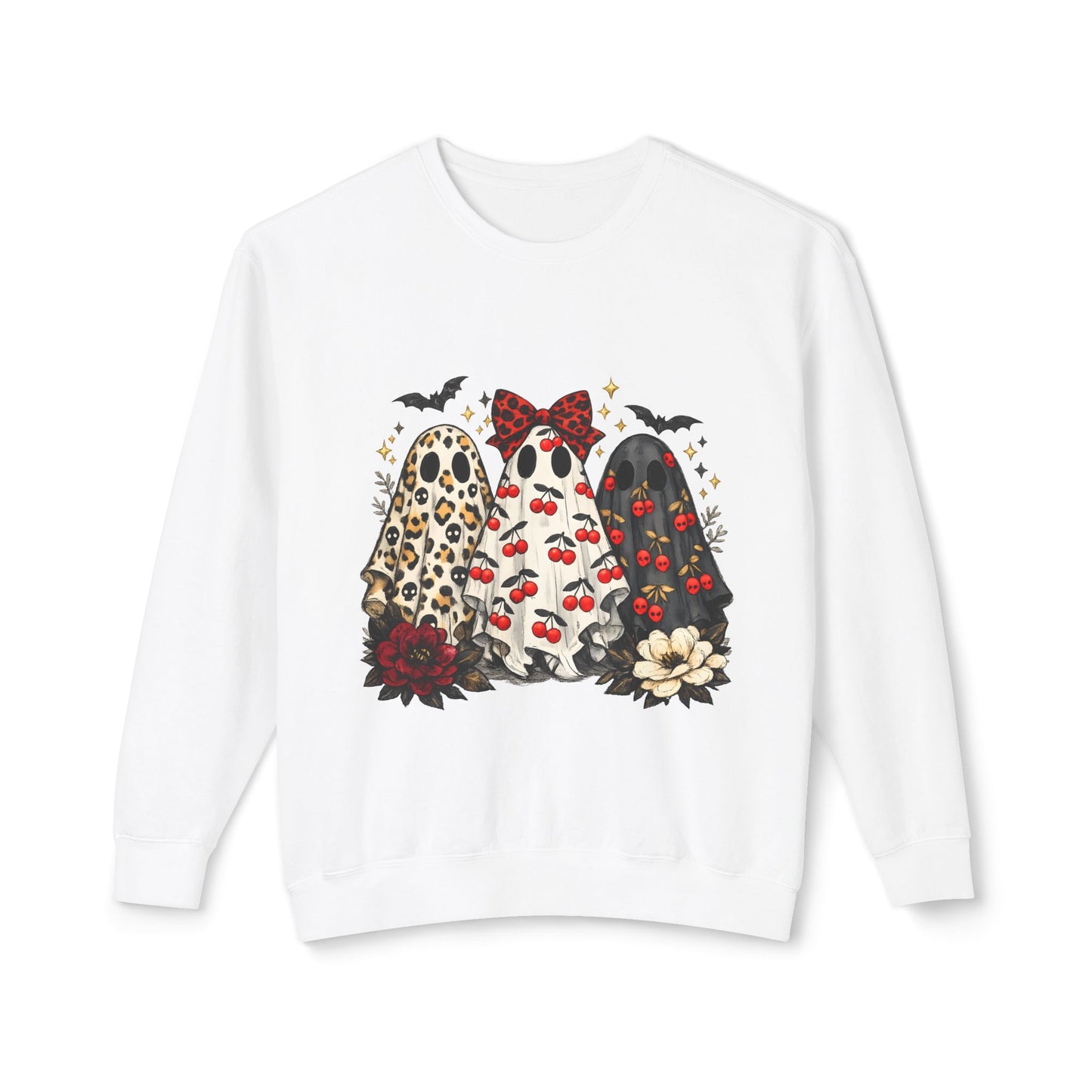 Ghost Trio Graphic Sweatshirt — Cute Halloween Gnomes with Bats & Bows
