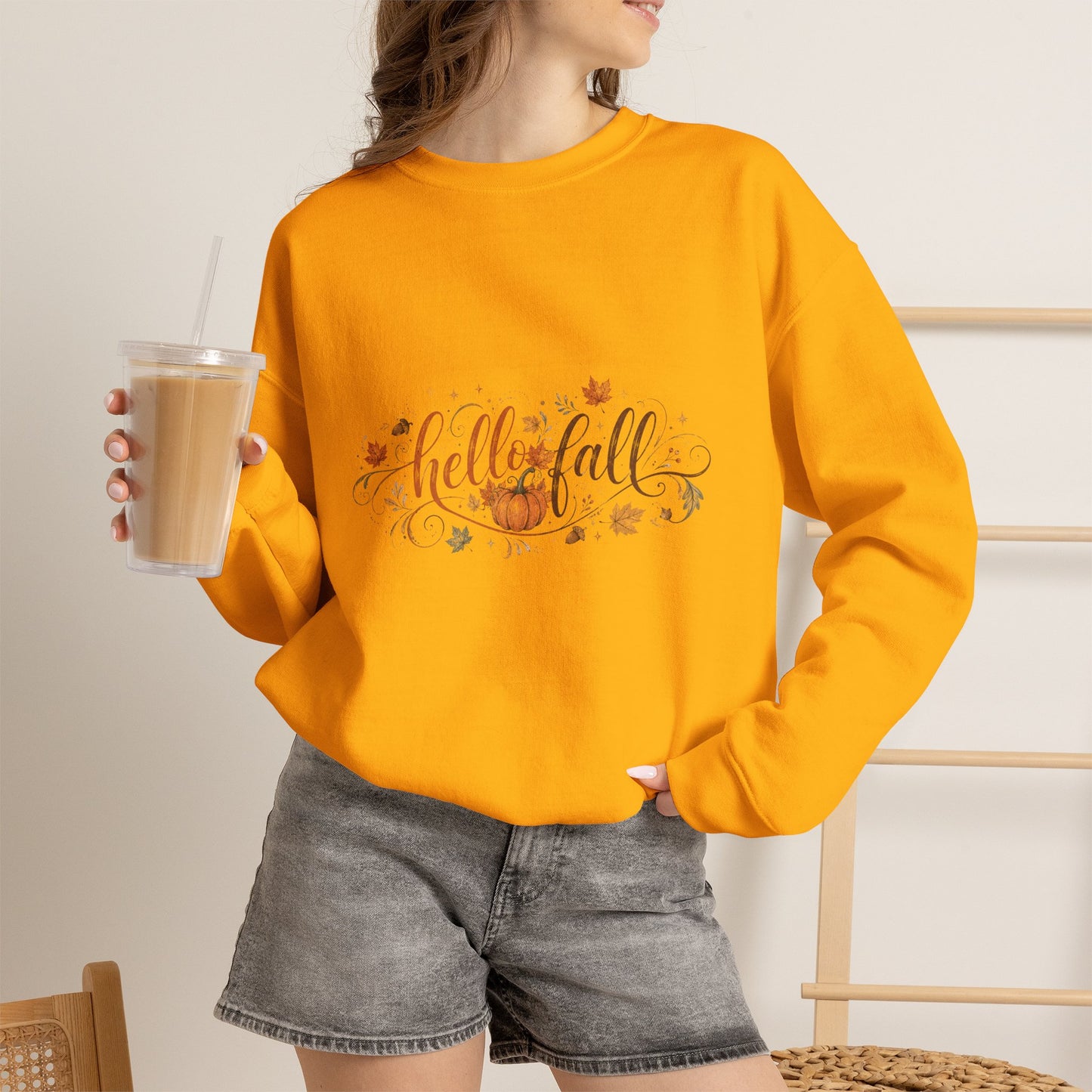 Hello Fall Sweatshirt — Cozy Pumpkin & Leaves Crewneck