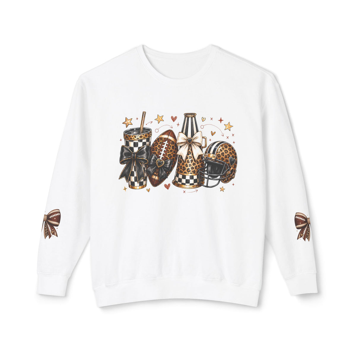 Football Mom Crewneck Sweatshirt — Leopard & Buffalo Plaid Football Design with Sleeve Bows