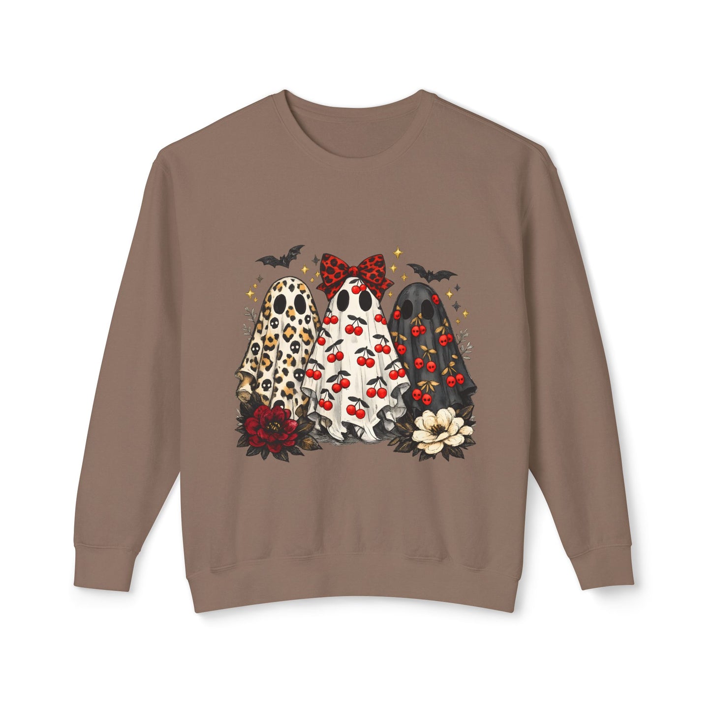 Ghost Trio Graphic Sweatshirt — Cute Halloween Gnomes with Bats & Bows