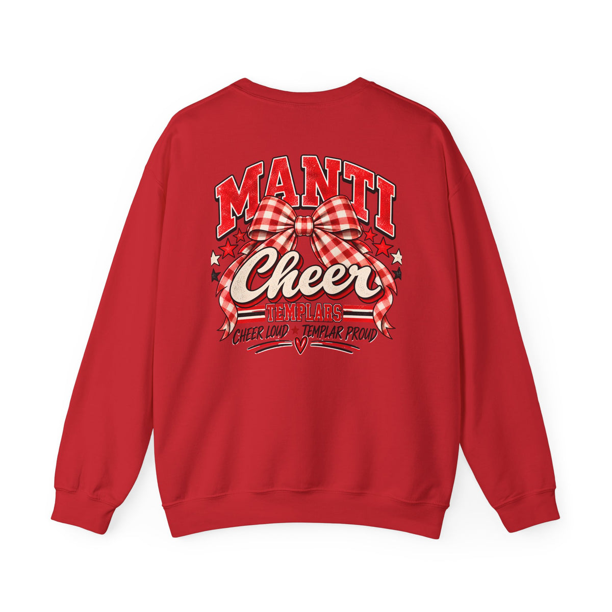 Manti Cheer Crewneck Sweatshirt — Red Plaid Bow Templars Spirit Top