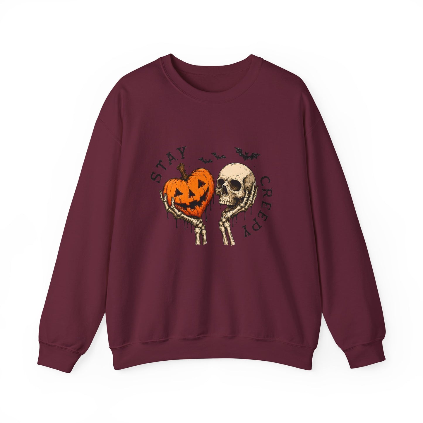Halloween Crewneck Sweatshirt — "Stay Creepy" Pumpkin & Skull Design