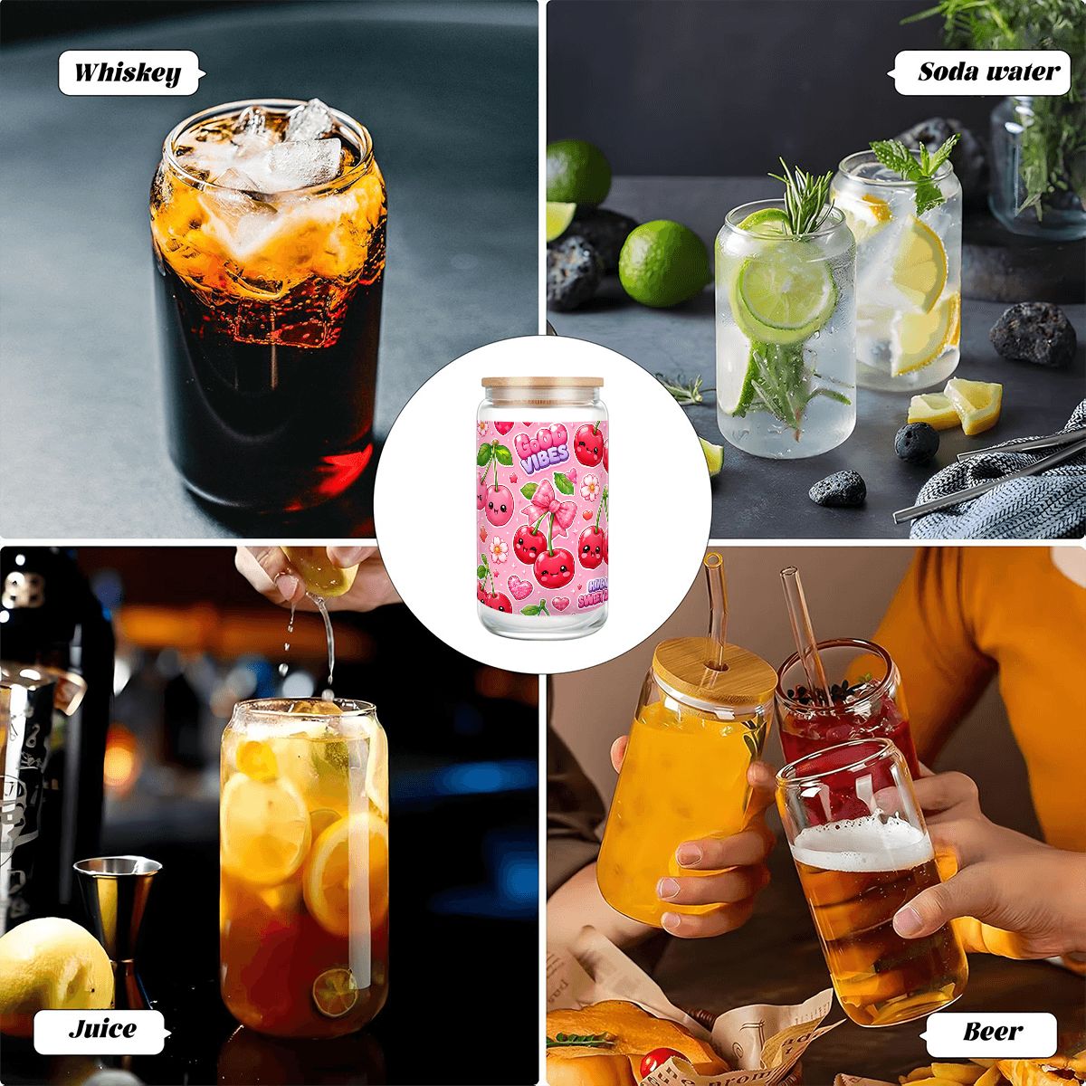 Glass Tumbler with Straw  Bamboo Lid  (16oz) Cherry Kawaii