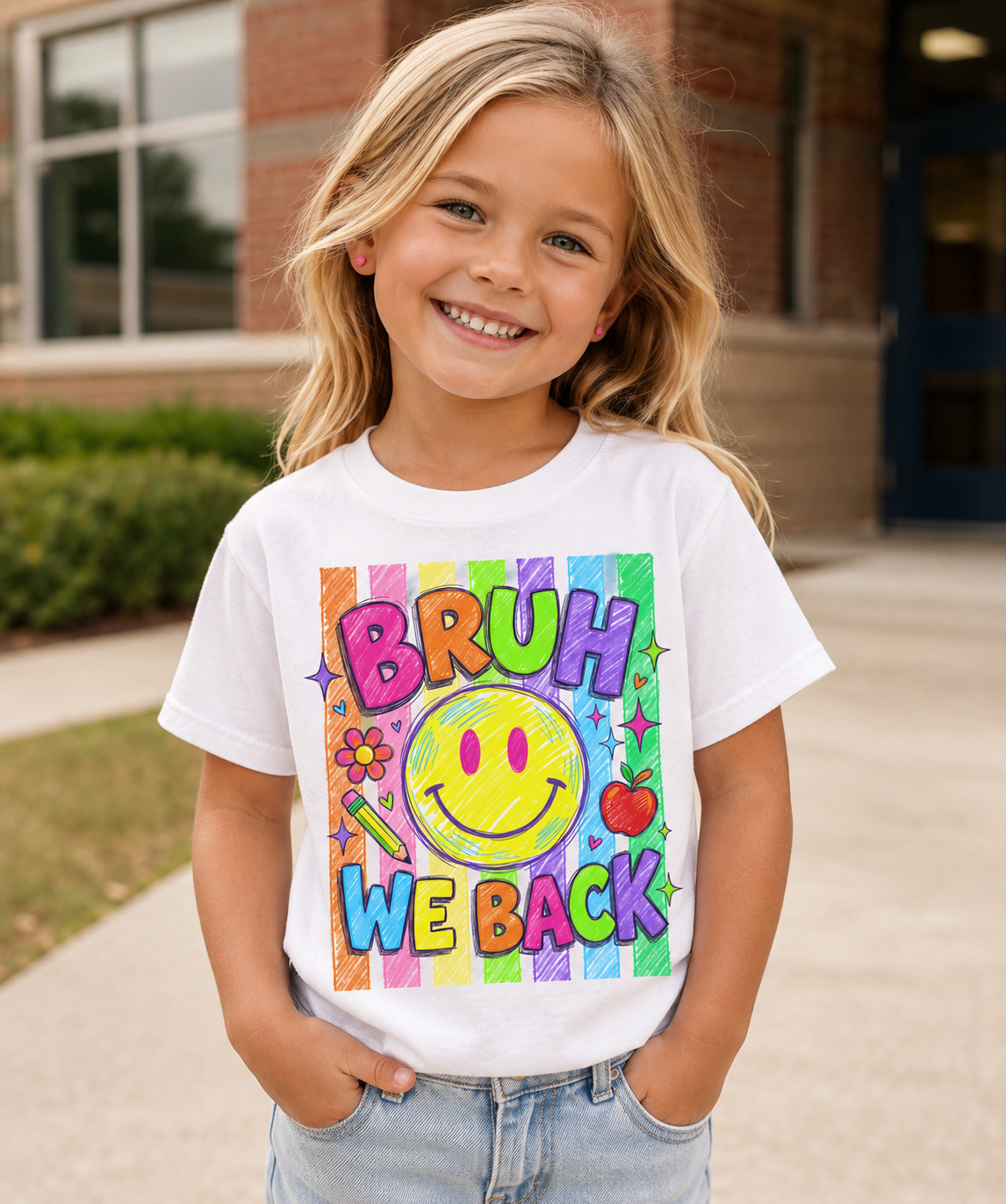 Youth Tee — "Bruh We Back" Colorful Smile Graphic