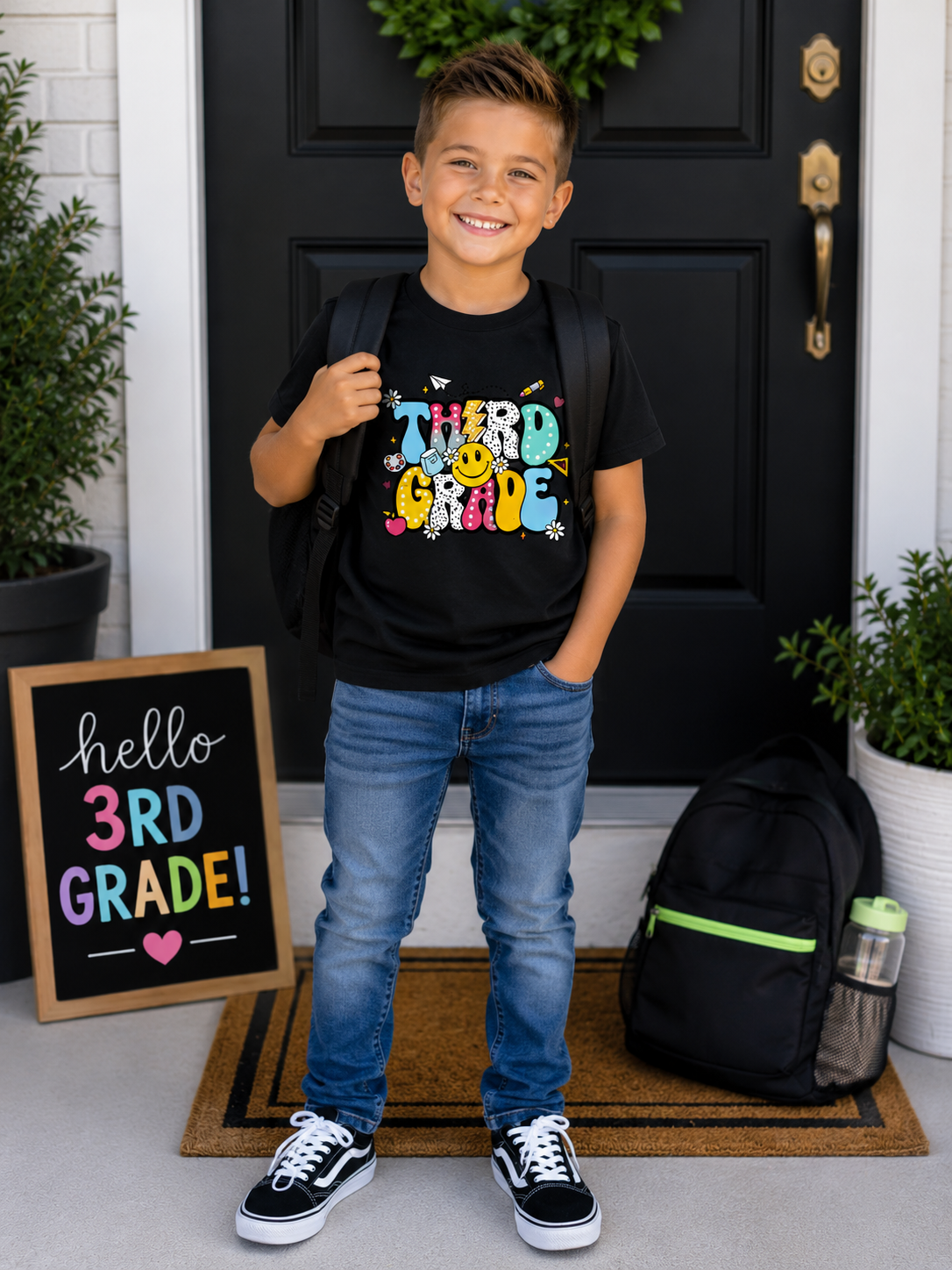 3rd Grade Kids T‑Shirt — Colorful Retro Smiley 'Third Grade' Back‑to‑School Tee