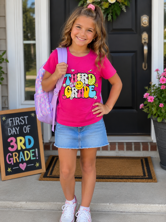 3rd Grade Kids T‑Shirt — Colorful Retro Smiley 'Third Grade' Back‑to‑School Tee