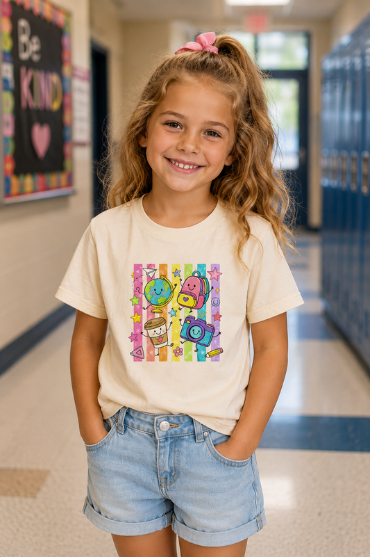 Kids School Supplies Tee — Cute Backpack, Globe & Camera Graphic Youth Shirt