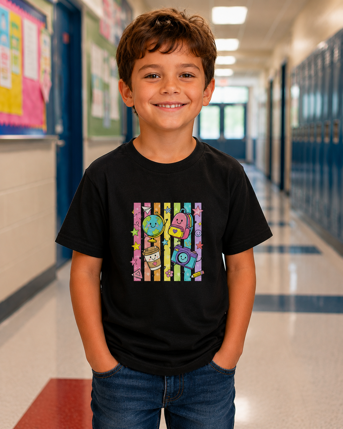 Kids School Supplies Tee — Cute Backpack, Globe & Camera Graphic Youth Shirt
