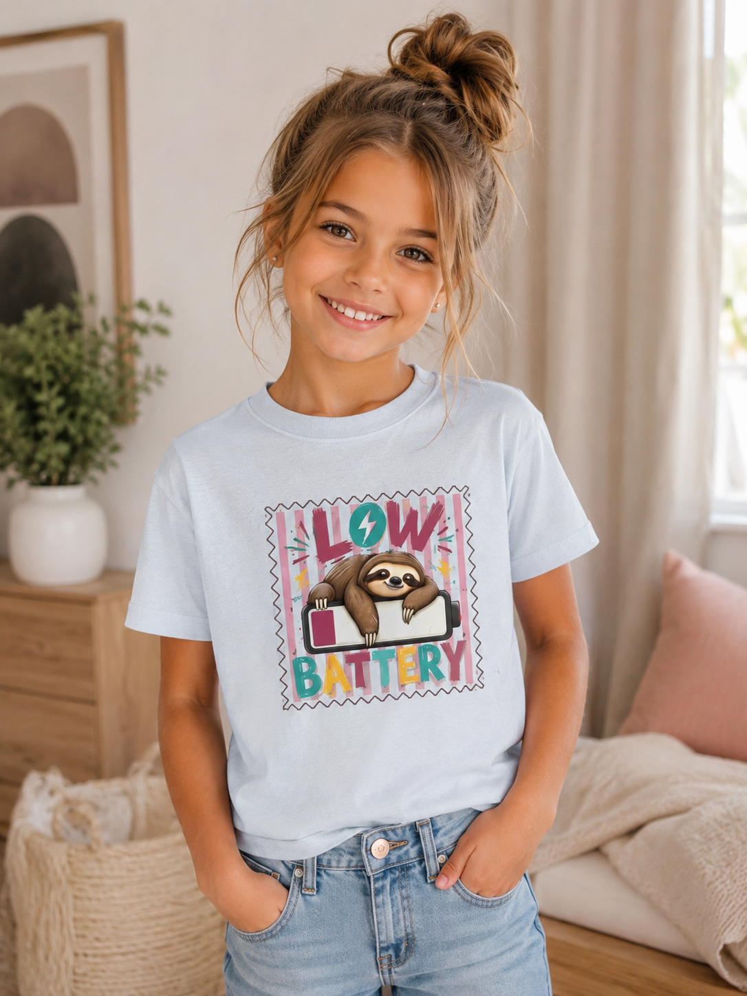 Kids Tee — "Low Battery" Sloth Graphic Shirt for Children, Cute Lazy Sloth Nap Humor Tee