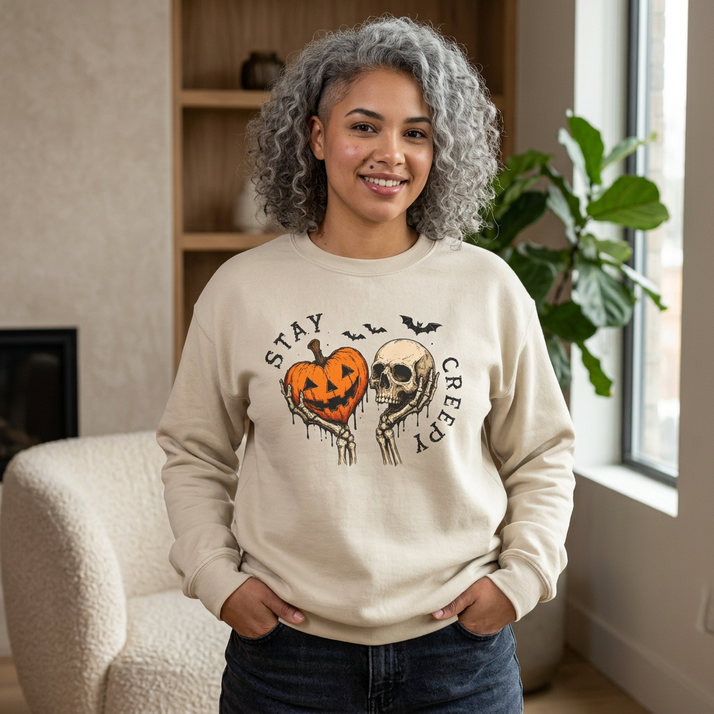 Halloween Crewneck Sweatshirt — "Stay Creepy" Pumpkin & Skull Design