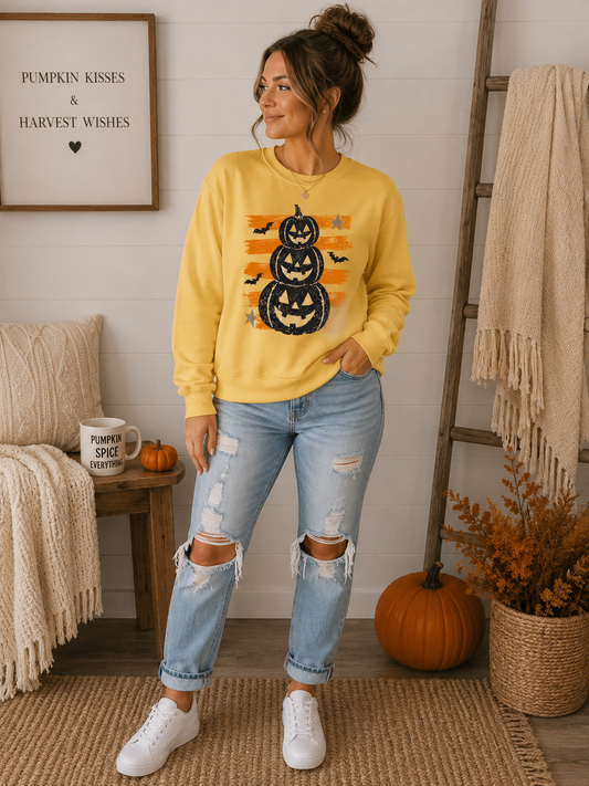 Halloween Pumpkin Stack Sweatshirt — Vintage Striped Jack-O'-Lantern Crewneck