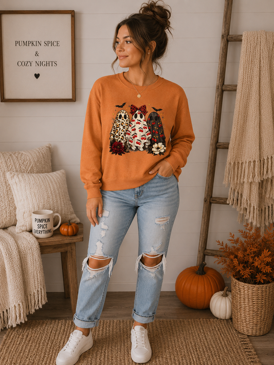 Ghost Trio Graphic Sweatshirt — Cute Halloween Gnomes with Bats & Bows