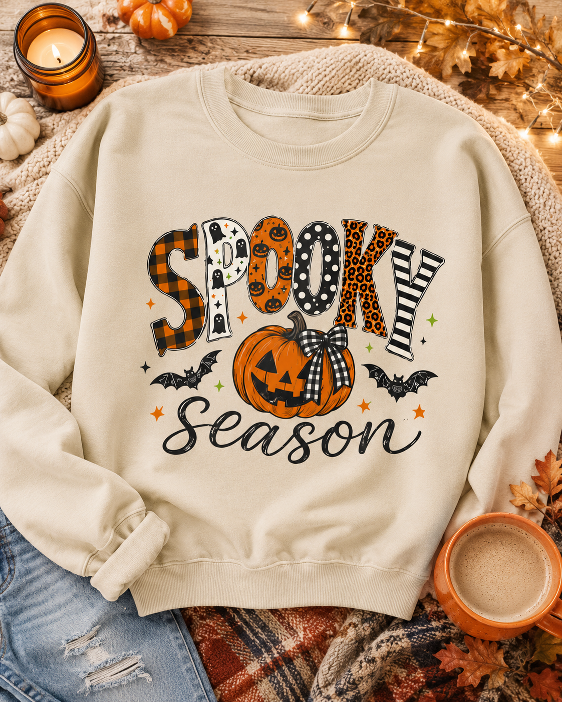 Spooky Season Sweatshirt — Halloween Pumpkin & Bat Crewneck