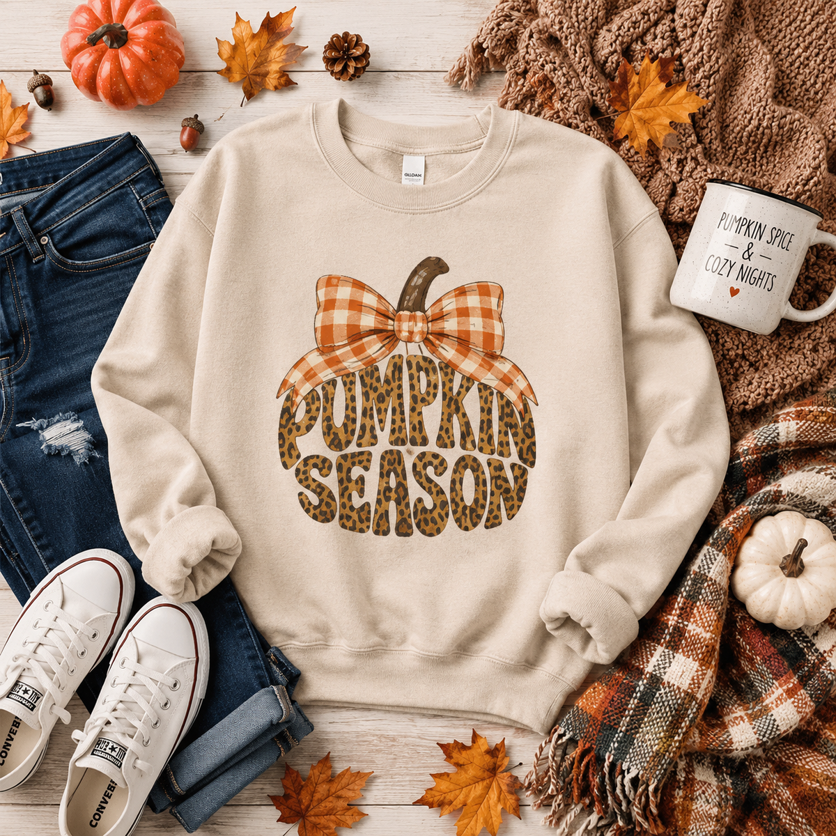 Pumpkin Season Sweatshirt — Leopard Print Pumpkin with Plaid Bow Fall Crewneck