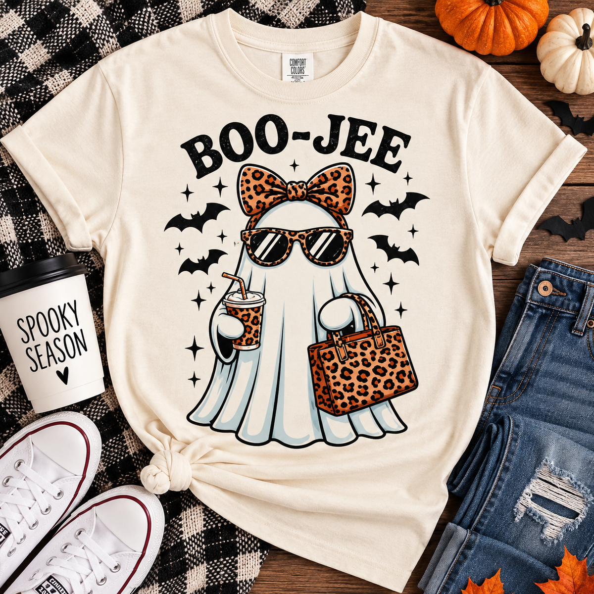 Boo-Jee Ghost T-Shirt — Fashionable Leopard Bow & Sunglasses Halloween Tee