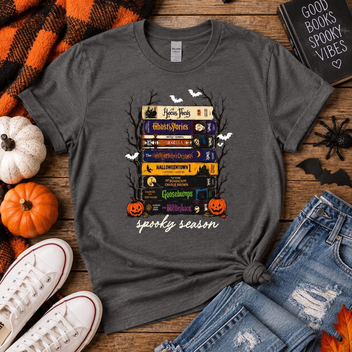 Halloween Spellbook Stack T-Shirt — Vintage Witchy Books & Pumpkins Tee
