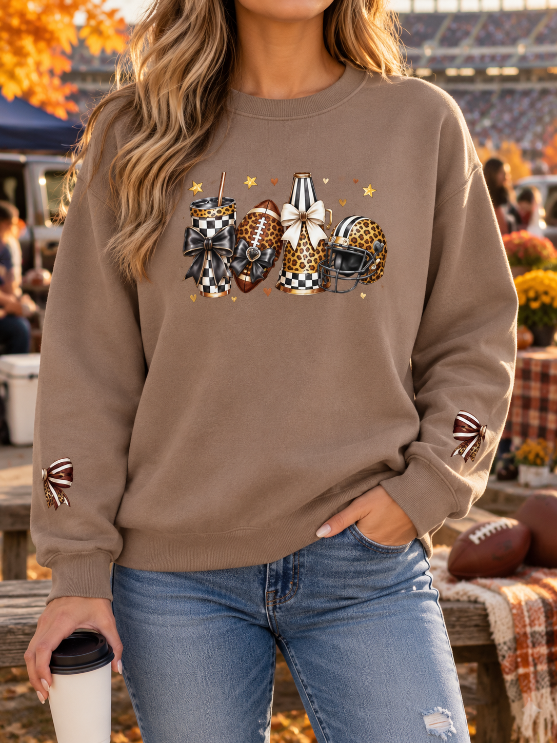 Football Mom Crewneck Sweatshirt — Leopard & Buffalo Plaid Football Design with Sleeve Bows