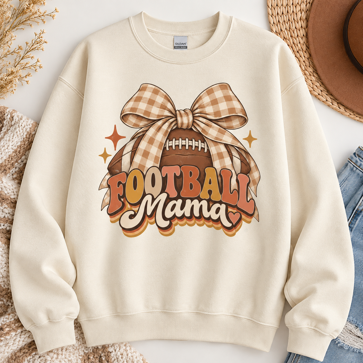 Football Mama Sweatshirt — Vintage Gingham Bow Game Day Crewneck