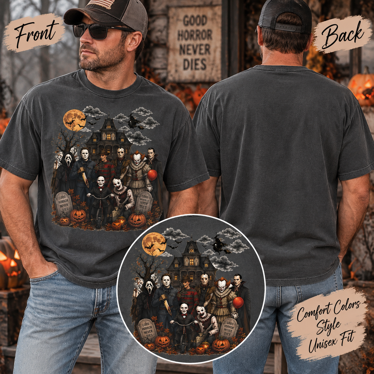 Halloween Monster Crew T-Shirt — Vintage Haunted House & Classic Horror Icons