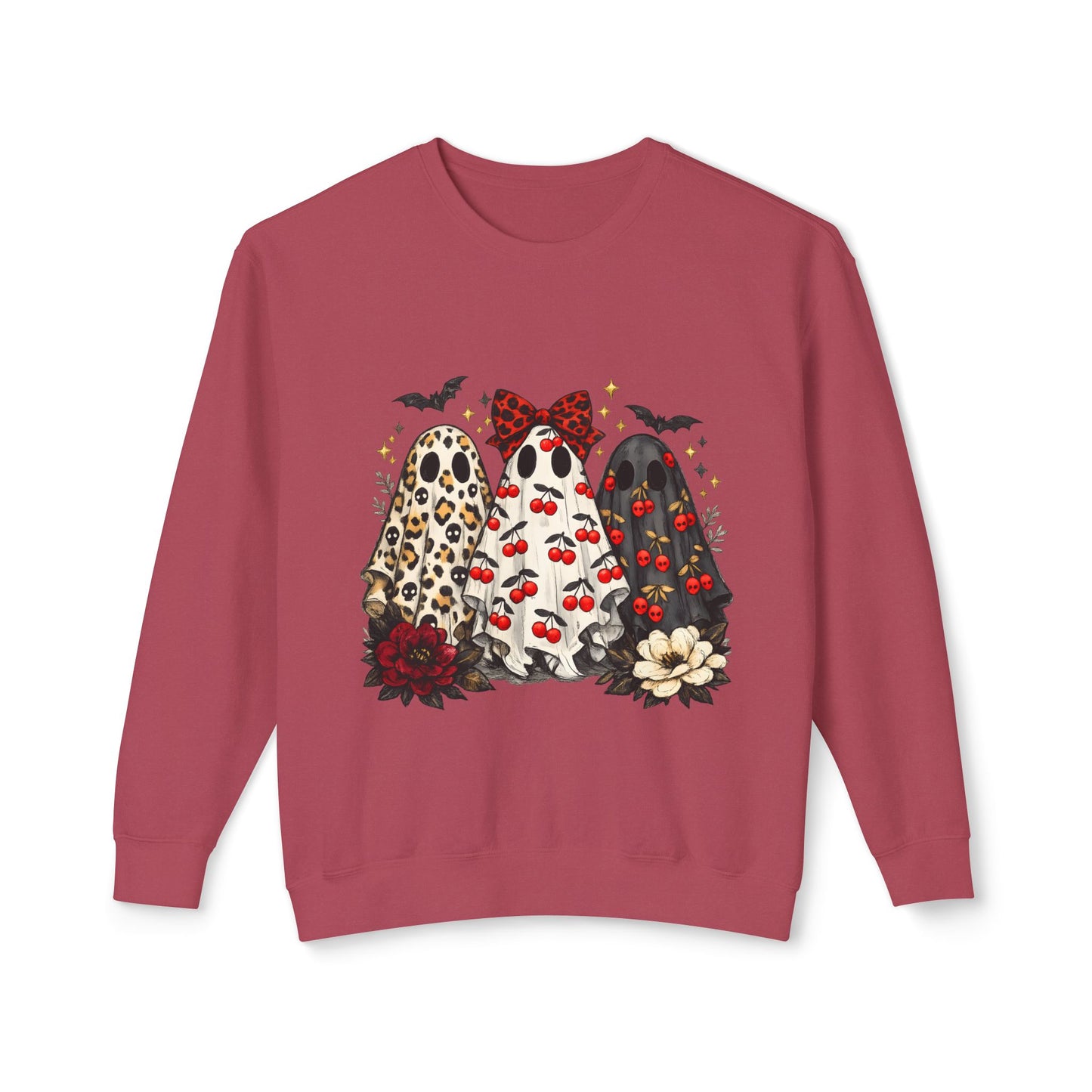 Ghost Trio Graphic Sweatshirt — Cute Halloween Gnomes with Bats & Bows