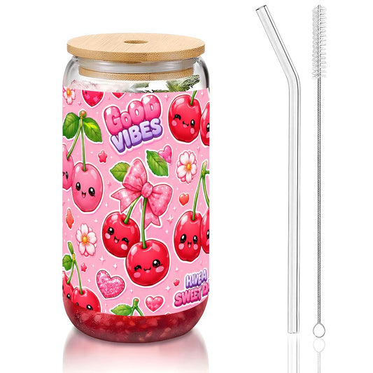 Glass Tumbler with Straw  Bamboo Lid  (16oz) Cherry Kawaii