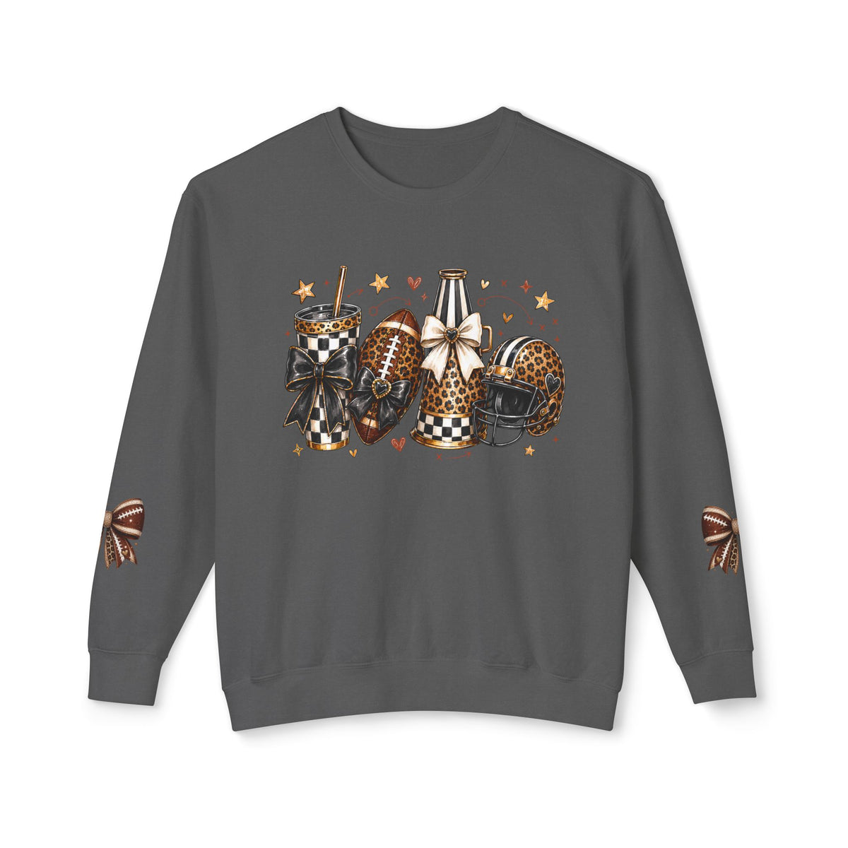 Football Mom Crewneck Sweatshirt — Leopard & Buffalo Plaid Football Design with Sleeve Bows