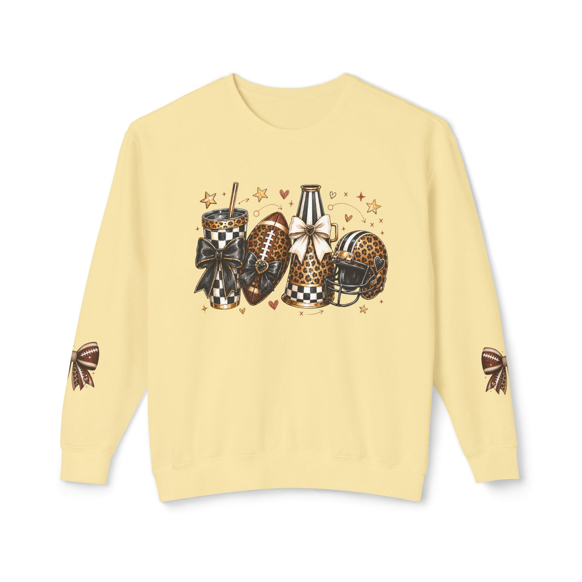 Football Mom Crewneck Sweatshirt — Leopard & Buffalo Plaid Football Design with Sleeve Bows
