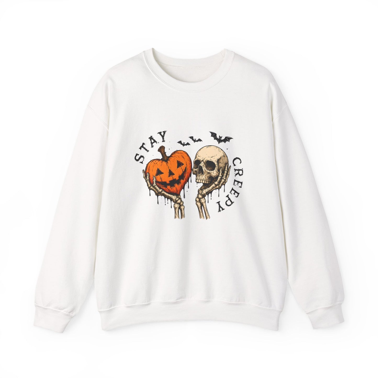 Halloween Crewneck Sweatshirt — "Stay Creepy" Pumpkin & Skull Design