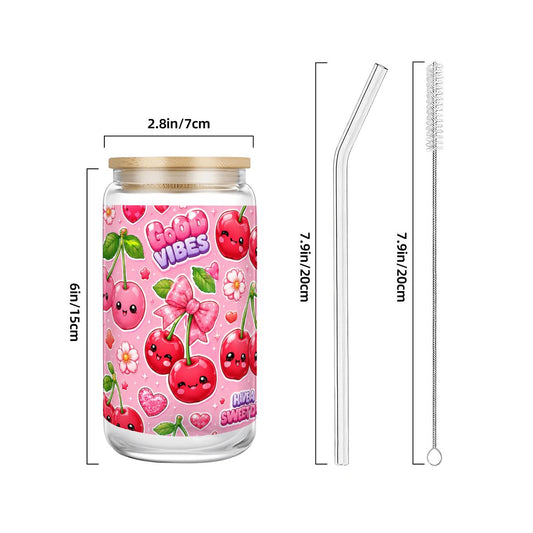Glass Tumbler with Straw  Bamboo Lid  (16oz) Cherry Kawaii