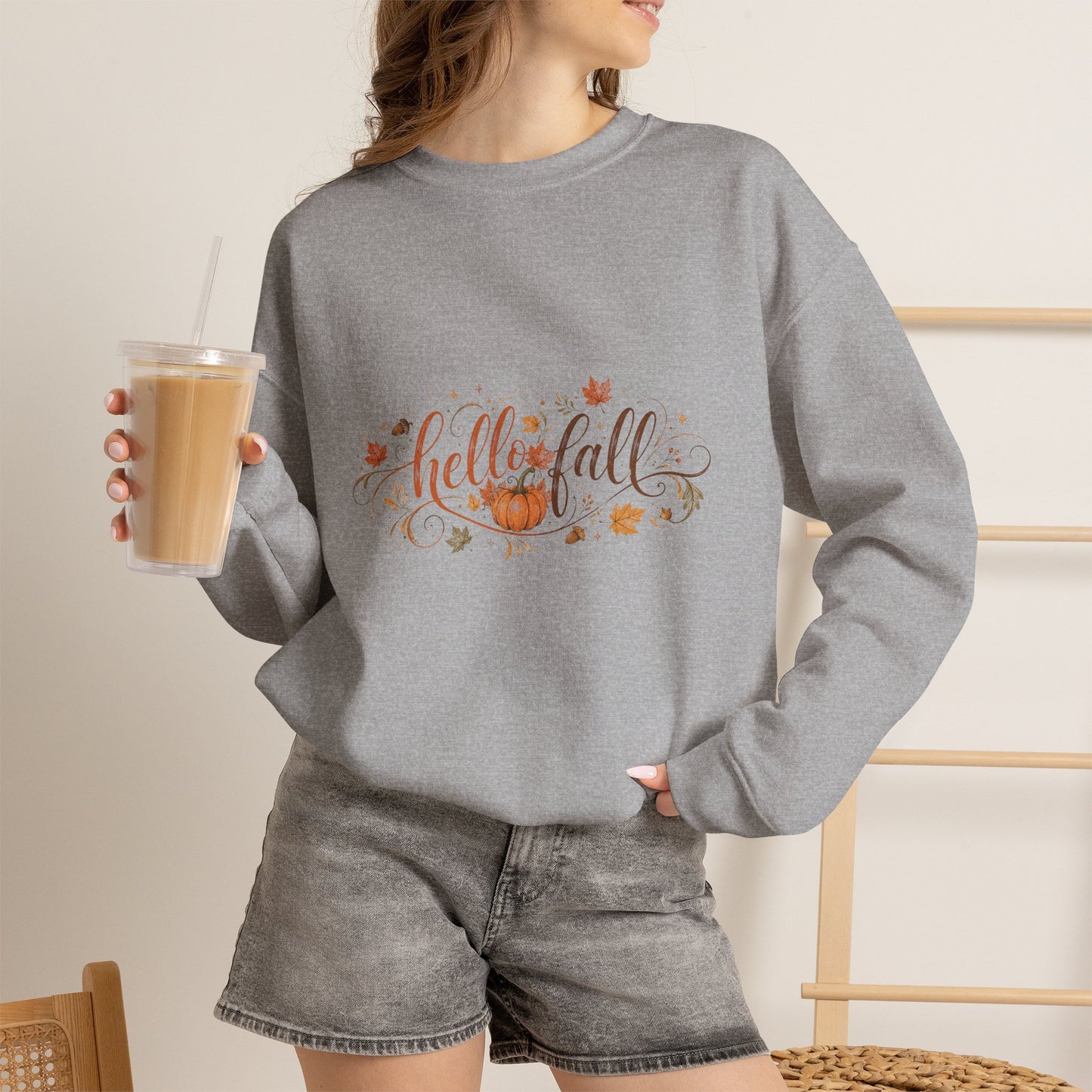 Hello Fall Sweatshirt — Cozy Pumpkin & Leaves Crewneck