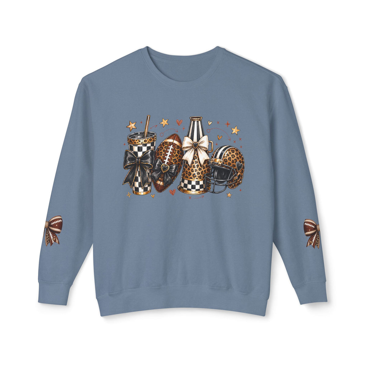 Football Mom Crewneck Sweatshirt — Leopard & Buffalo Plaid Football Design with Sleeve Bows