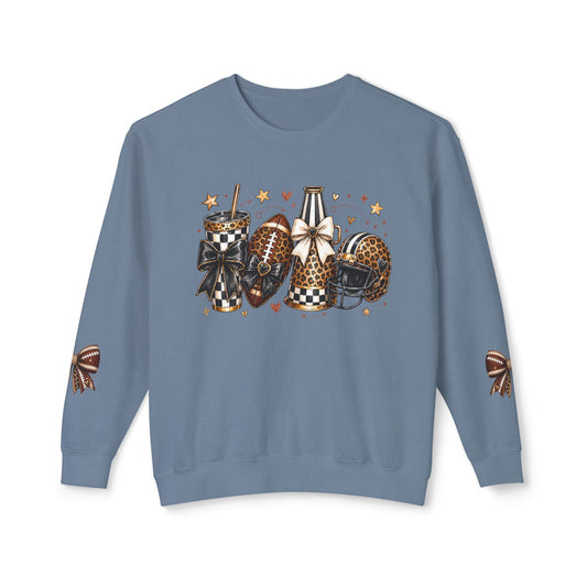 Football Mom Crewneck Sweatshirt — Leopard & Buffalo Plaid Football Design with Sleeve Bows