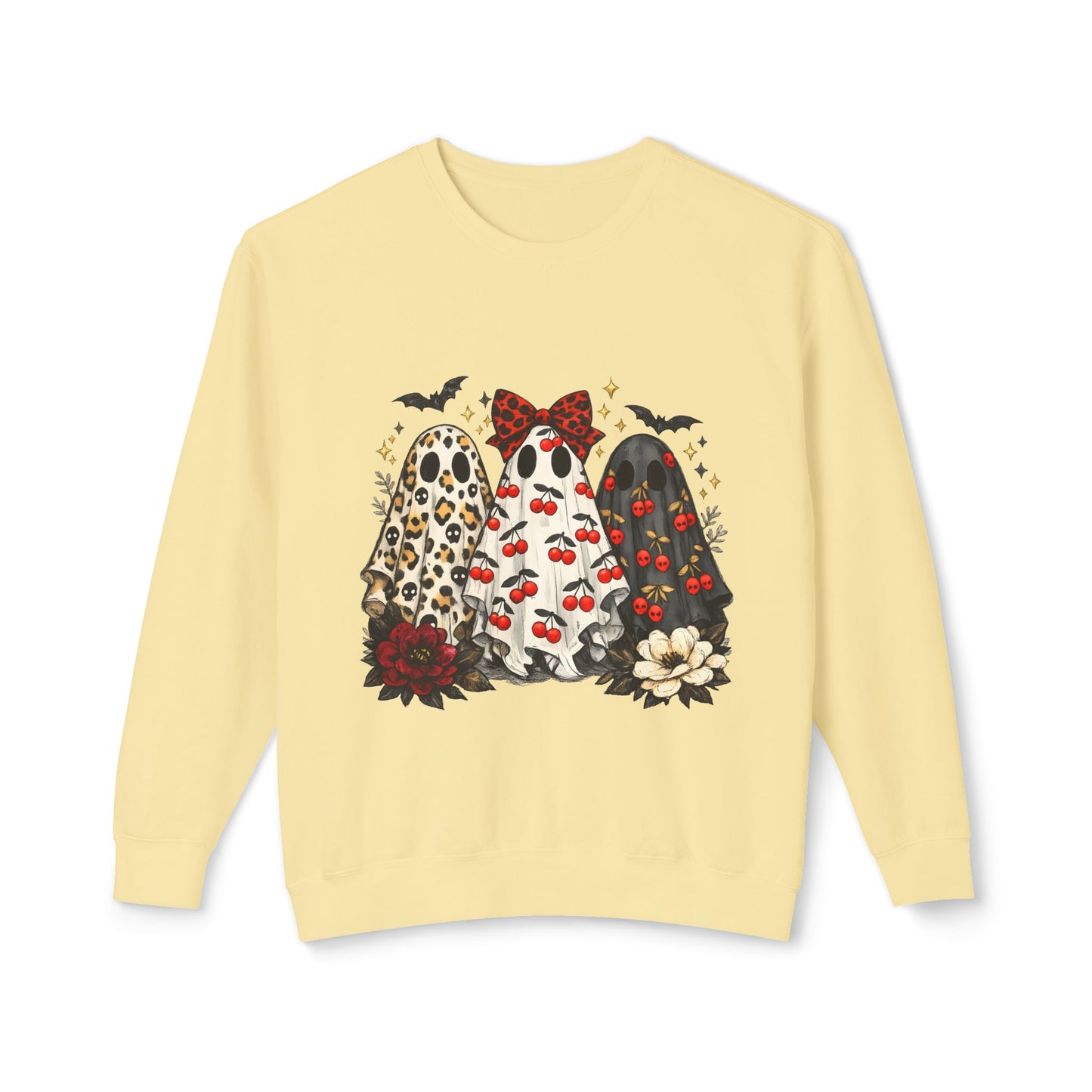 Ghost Trio Graphic Sweatshirt — Cute Halloween Gnomes with Bats & Bows