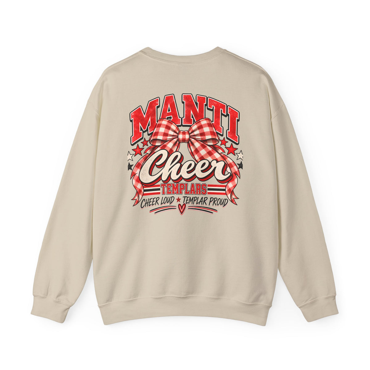Manti Cheer Crewneck Sweatshirt — Red Plaid Bow Templars Spirit Top